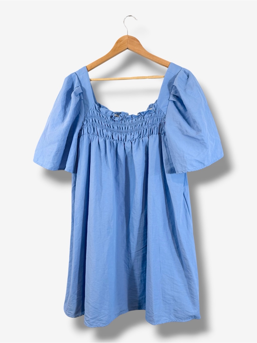 Mango Blue Puff Sleeve Babydoll Dress Size US 6 Smocked Neck Casual Contemporary